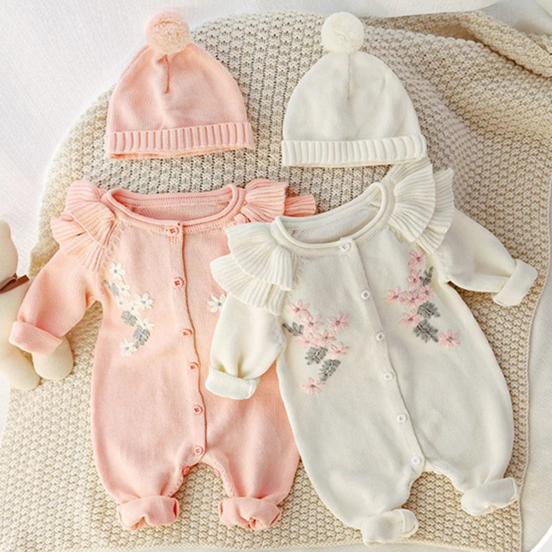 0-24M Baby Girl Rompers Knitted Kids Spring Autumn Girl Embroidery Flower Rompers Hat Baby Girl born Rompers Clothes 261015