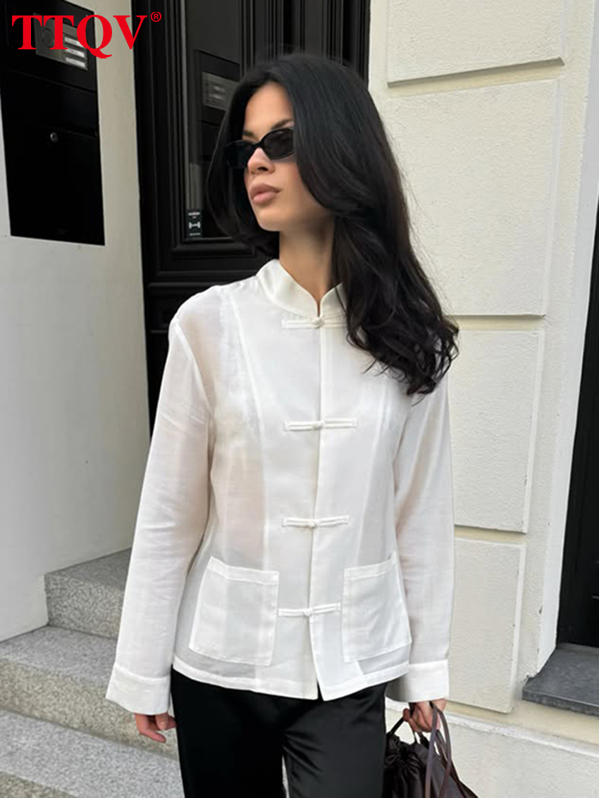 2026 Fashion Loose White Cotton Office Women's Blouse 2027 Casual Stand Collar Long Sleeve Lady Shirt Elegant Classic Top Female