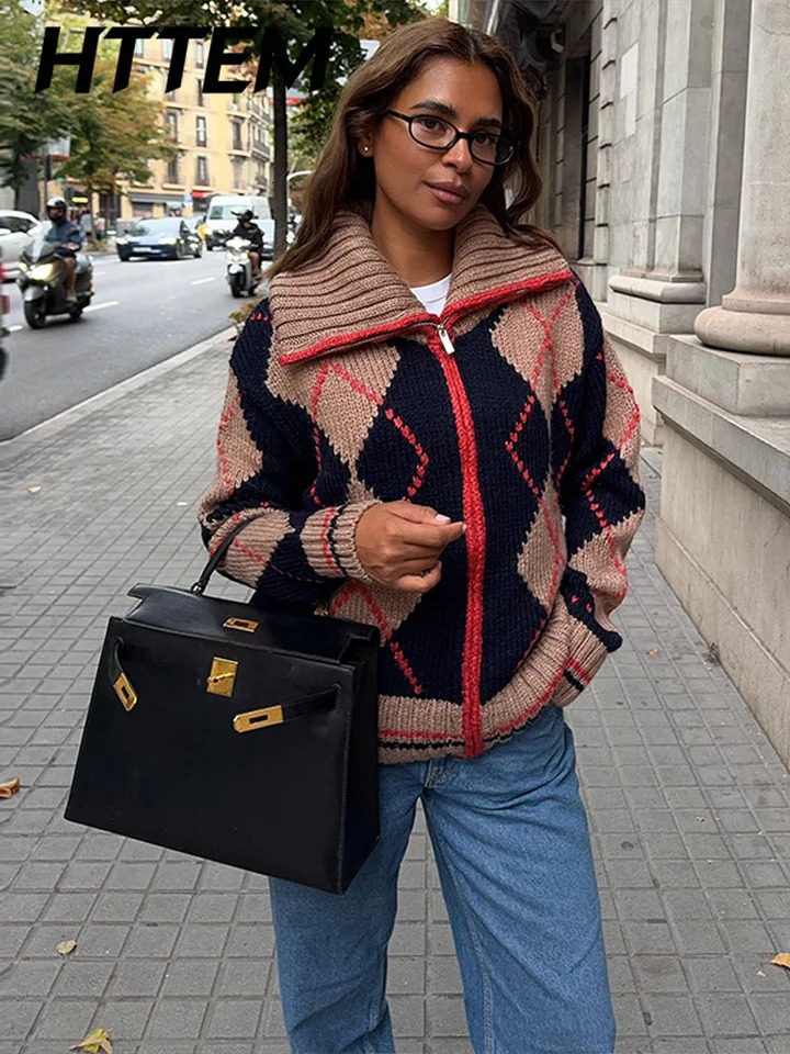Rhombic Printed Womens Sweater Stand Collar Zipper Loose Lady Cardigan 2026 Autumn Winter Fashion Female Street Outerwear 261016