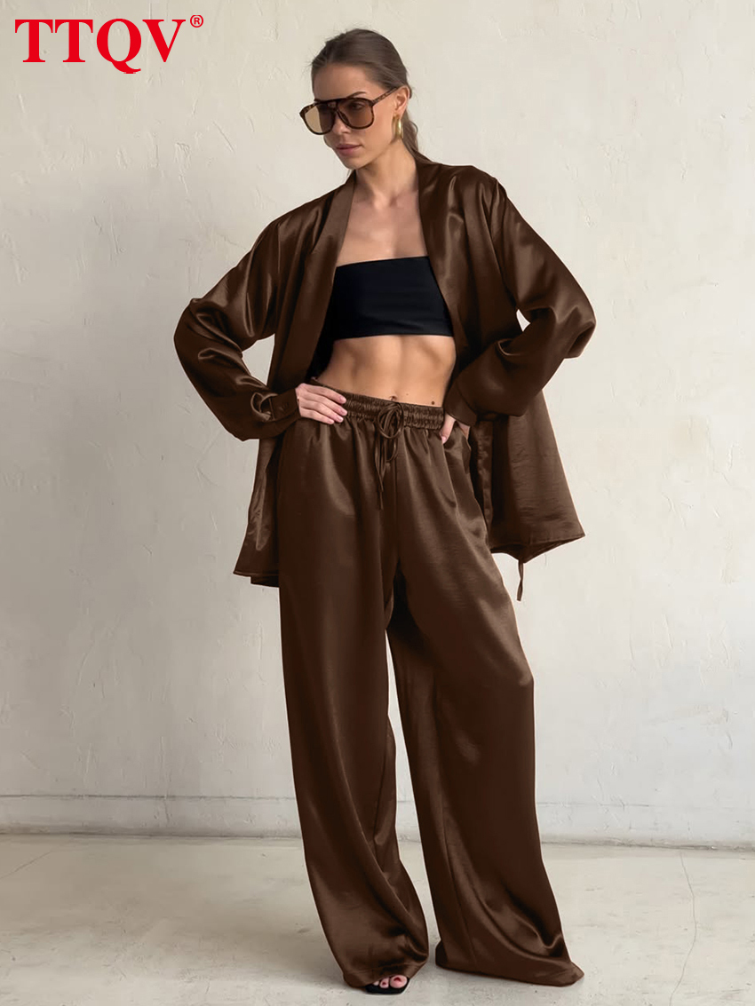 2026 Fashion Loose Brown Satin Women's 2-Piece Sets 2027 Elegant Long Sleeve Shirt With High Waist Wide Pants Set Female Clothes