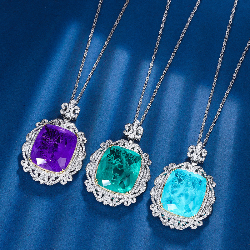 925 sterling silver designer jewelry zircon necklace women's gold-plated simulation color treasure luxury inlaid square pendant necklace