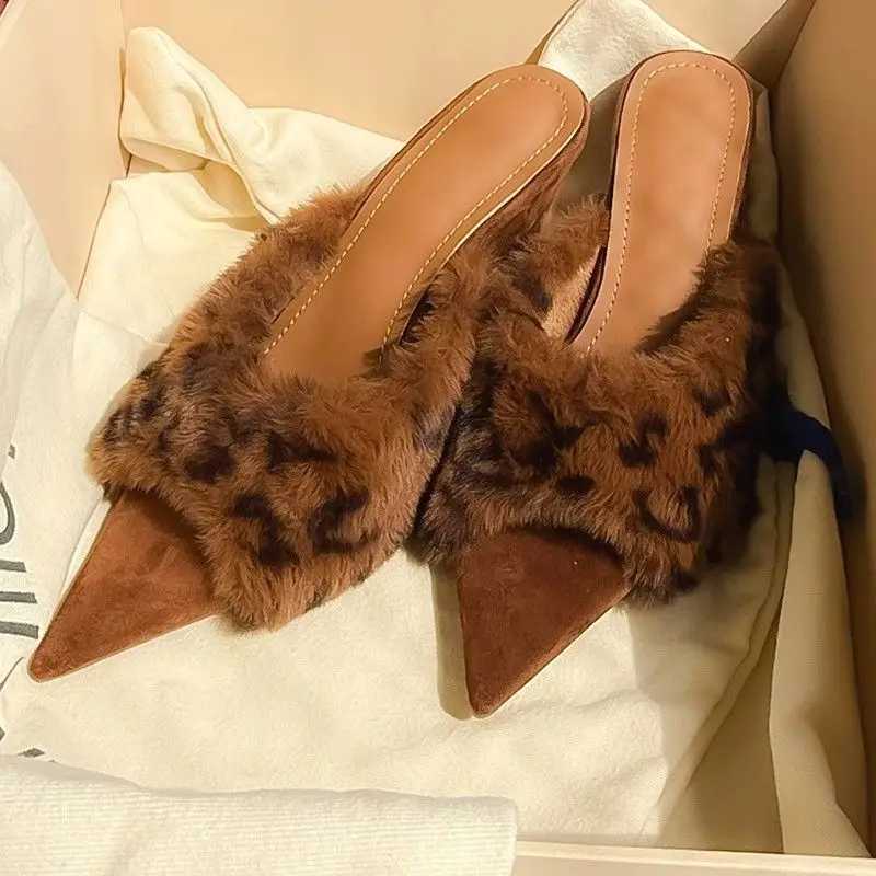 2026 Autumn Winter Women Leopard Furry Pointed Toe Mules Warm Slippers High Heel Slides Fashion Party Ladies Dress Footwear Q261015