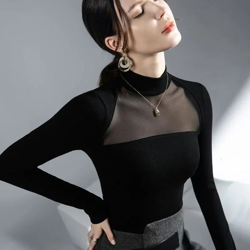 MEXZT Streetwear Black T Shirts Women Sexy Mesh Patchwork Long Sleeve Tops Elegant Office Ladies Vintage Simple Design Tees New