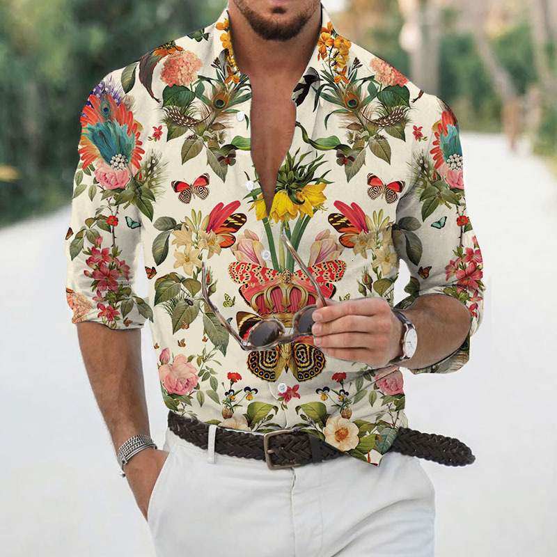 2026 Casual Lapel Printed Lightweight Hawaiian Floral Men's Long Sleeve Foreign Trade Shirt Free Shipping