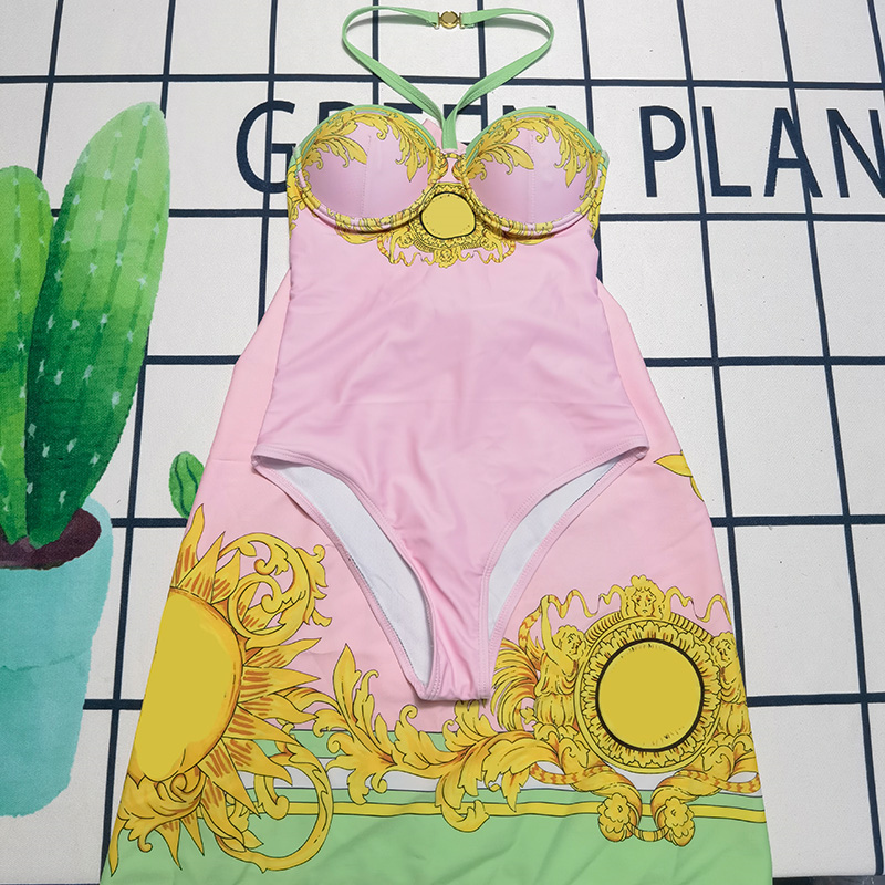 Designer Printed Halter Swimwear Women Y2K Vintage Push Up Swimsuit Summer Vacation Sexy Beachwear
