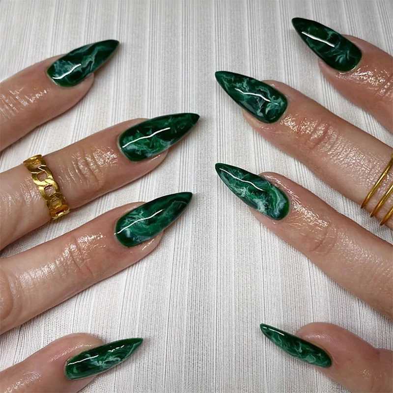 False Nails 24pcs Short Solid Color False Nails Finished Green Smudge Full Cover Nail Tips Wearable Simple Long Almond Press on Fake Nails Q261017