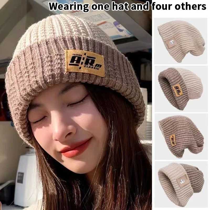 Beanie/Skull Caps Winter Warm Ear Protection Hat For Women Baggy Slouchy Beanie Fashion Color Block Woolen Pullover Cap Girl Pile Knit HatT261017