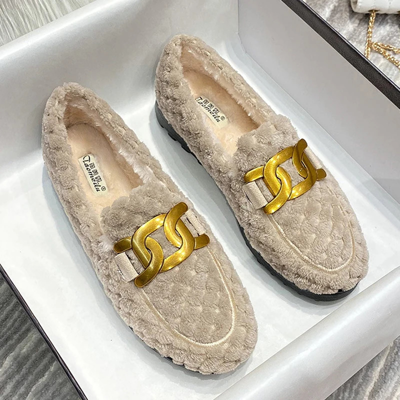 2025 Metal Chain Lambswool Mocasines Femme Fleeces Sneakers Winter Shoes Ladies Warm Wool Loafers Big Size Fur Flats Women 261017