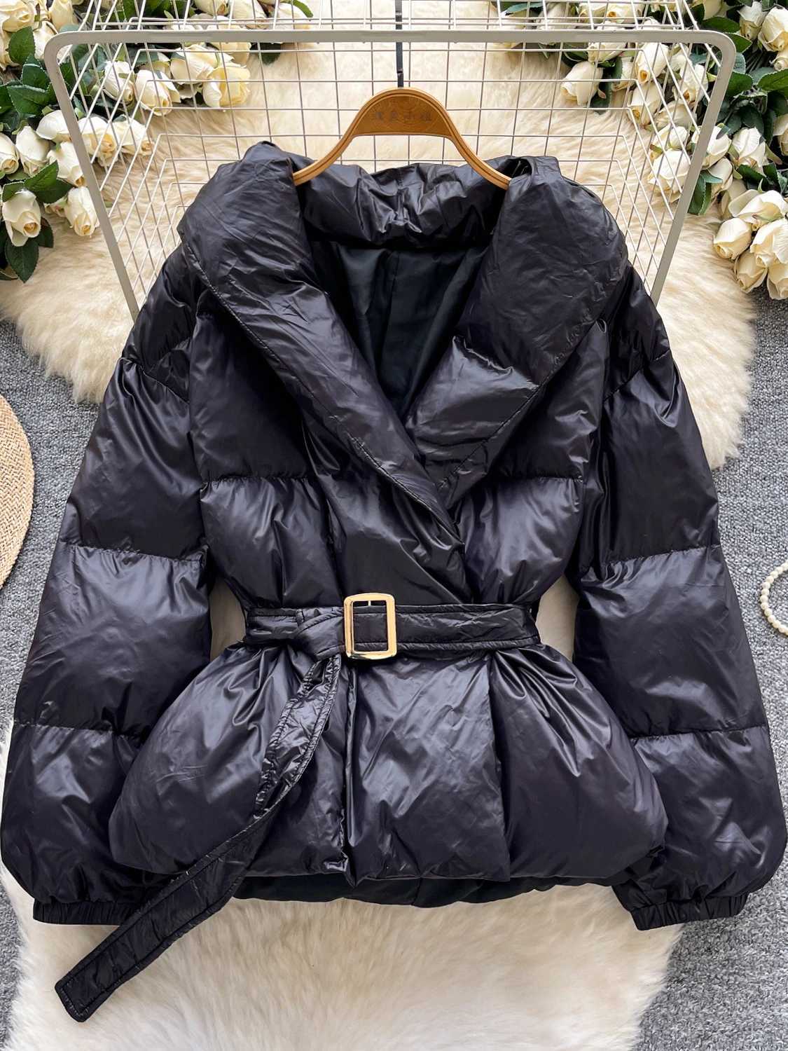 Women's Down Parkas Women's Black Gothic Parka Jacket Warm Thicken Winter Jacket with Belt Harajuku Outerwear Padded Jackets Vintage 2000s