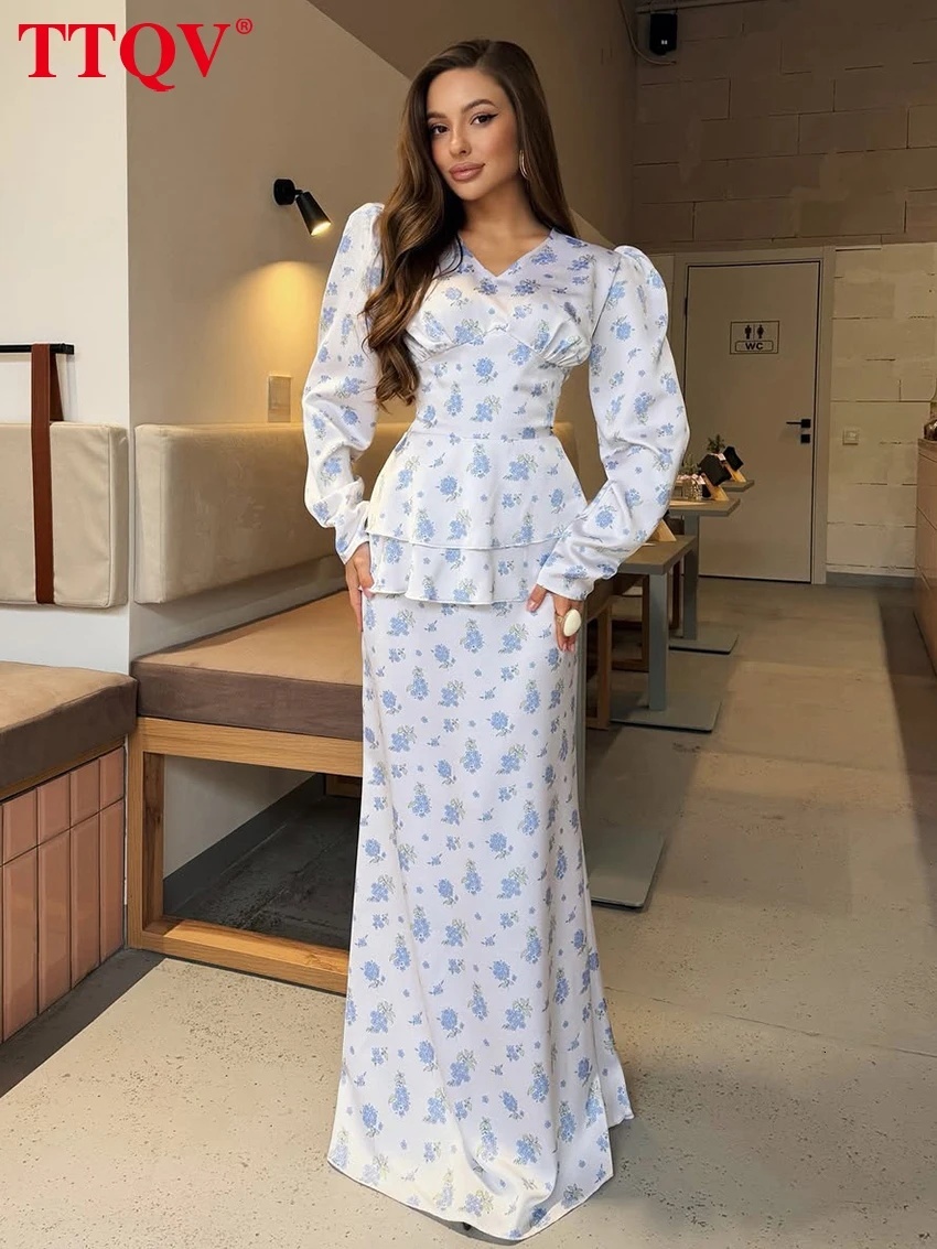 Fashion Loose Print Women's 2026 Spring V-Neck Long Sleeve Maxi Dresses Elegant Classic High Waist Female Dress