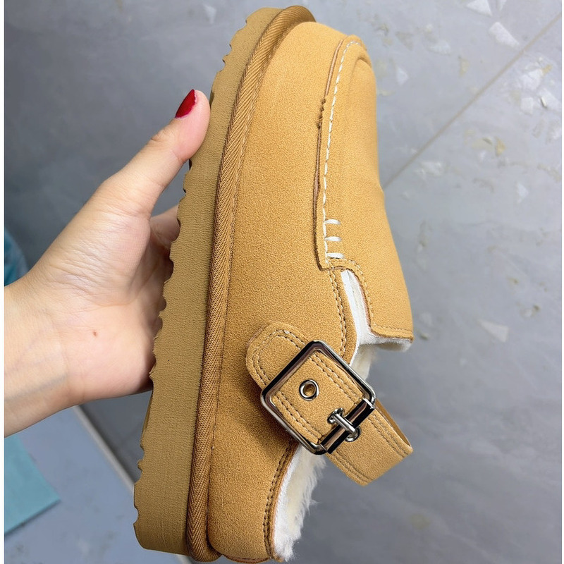 Uggswomens Designer Boot Buckle Thick Soled Furry Slippers For Women Plus Size Fleece Lined Thickened Snow Boots Closed Toe Cotton Shoes Women Shoes