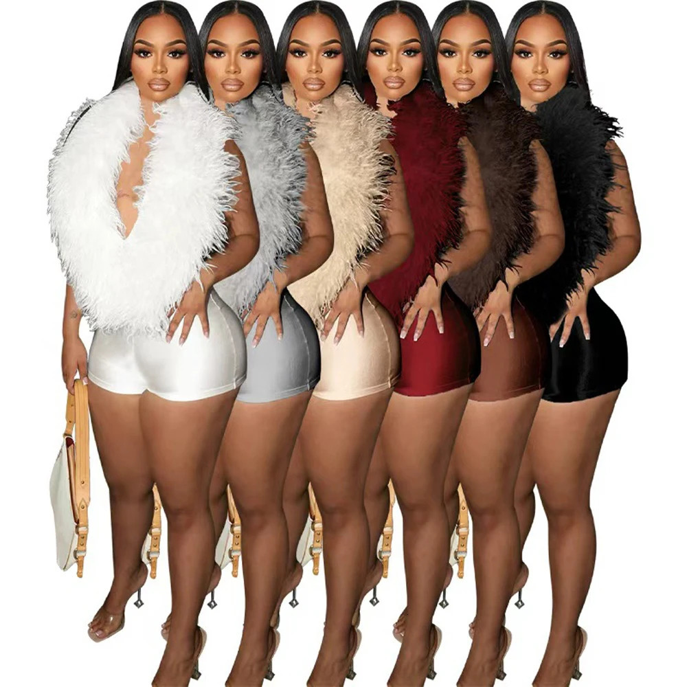 Fashion Solid Color Fluffy Backless Halter Faux Fur Short Jumpsuits Women One Piece Party Night Clubwear Sleeveless Playsuits 261016
