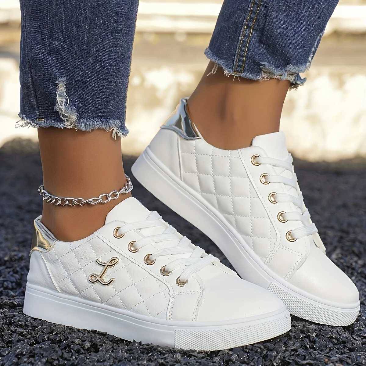 Casual Shoes Fashion Lightweight Women's Sneakers - Black White and Gold Embellished Lace-Up Low-Top Casual Shoes for All Seasons H261016
