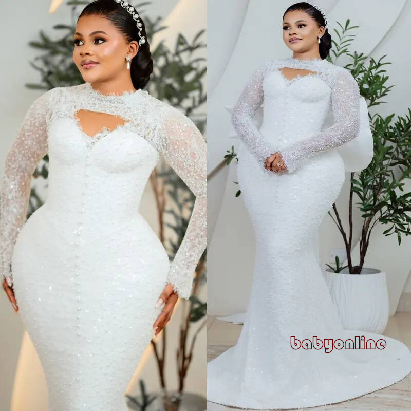 Plus Size For Bride Mermaid Wedding Gowns Sheer Neck Crystals Long Sleeves Sequined Beaded Lace Rhinestones Bridal Dress D933