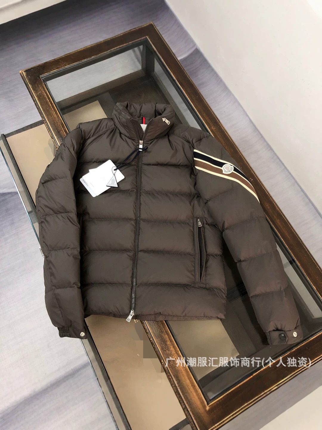 Authentic M-brand men's autumn winter hooded down jacket with embroidered arm patches and casual warm outerwear