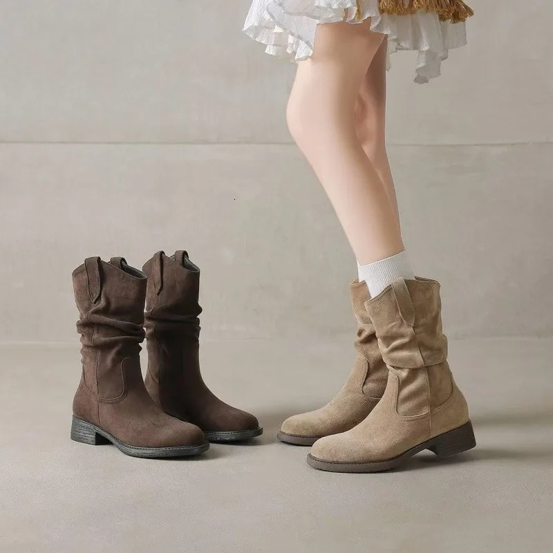 Women Mid Calf Boots Slouchy Vintage Western Cowboy Style Pull On Low Block Heel PU Leather Shoes Retro Fashion Footwear 261013