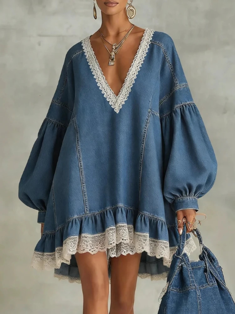Fashion Women Denim Mini Dress Lace Trim V Neck Lantern Sleeve Splicing Ruffle Hem Casual Vacation Party Vestidos 261015
