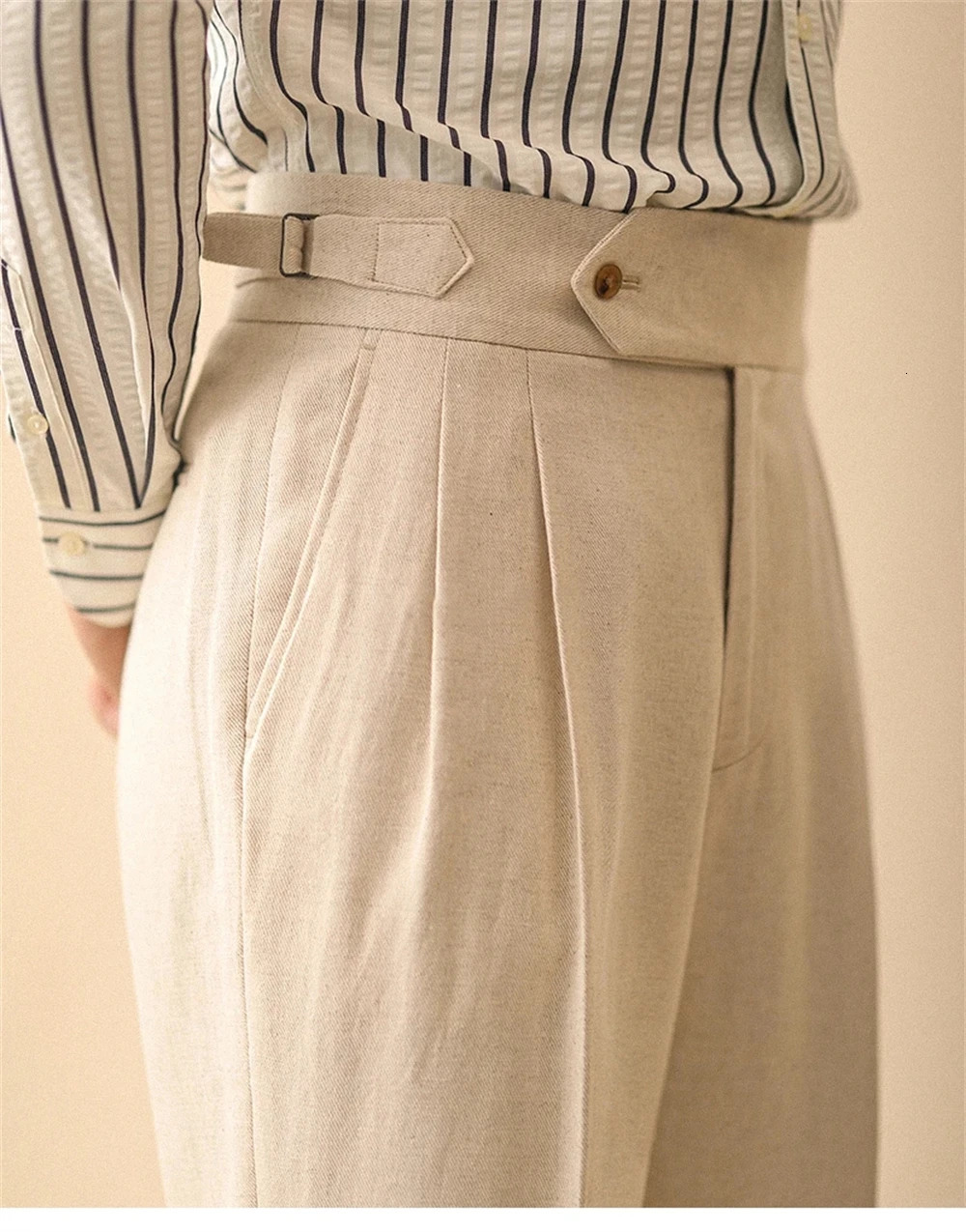 Linen Straight Pant For Men Summer Business Gentleman Naples Pant Paris Buckle Drape High Waisted Trousers Men Formal Pant 261016