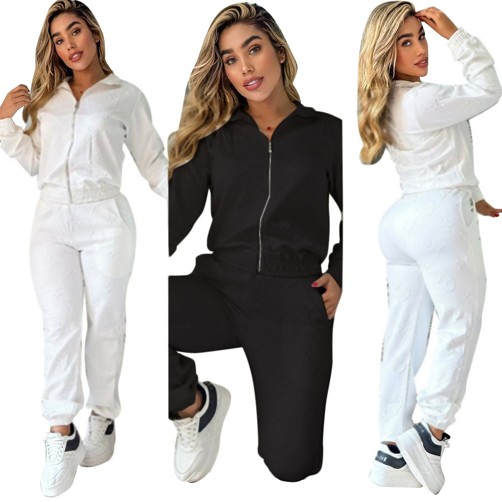 High Quality Women 2 Piece Tracksuit Diamond Jacquard Stand Collar Full Zip Cropped Jacket High Waist Drawstring Jogger Pants Premium Casual Matchin