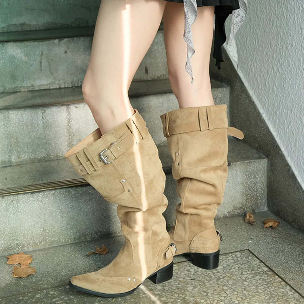 Vintage Suede Wide Legs Cowboy Boots Women Retro y2k Western Boots Belt Strap Knee High Boots Shoes Square Heels 261016