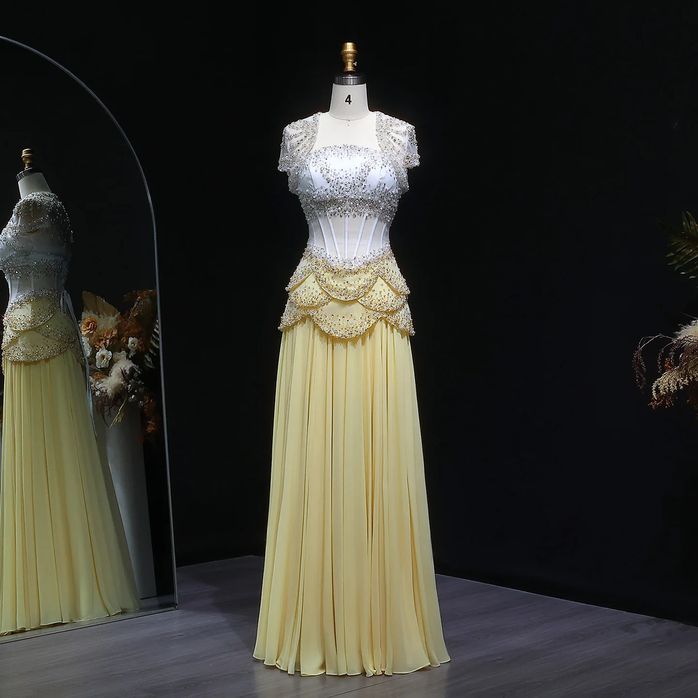 Sharon Said Elegant White and Yellow Chiffon Corset Celebrity Evening Dress with Jacket Flare Sleeves y SS286 SSCustomize 261015