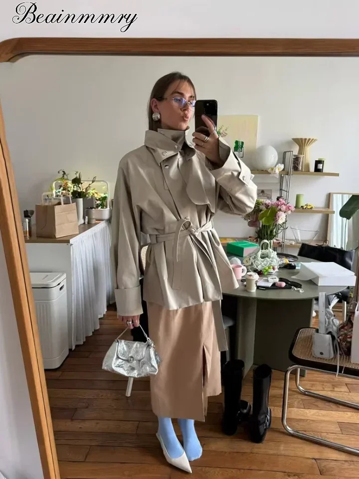 Fashion Stand Collar Short Trench Coat Women Solid Double-breasted Belt Midi Jacket 2026 Autumn Lady Commuting Casual Outerwear 261013