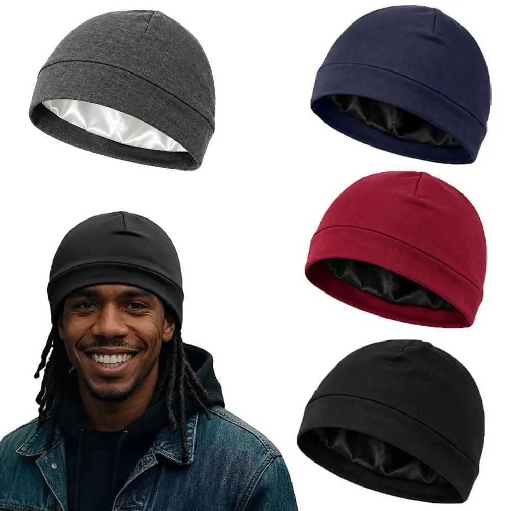 Men Satin Lined Skull Cap Soft Stretch Knit Beanie Silk Inner Lining Hair Protection Sleep Hat for Casual Daily Use sombrero S261017CJAI
