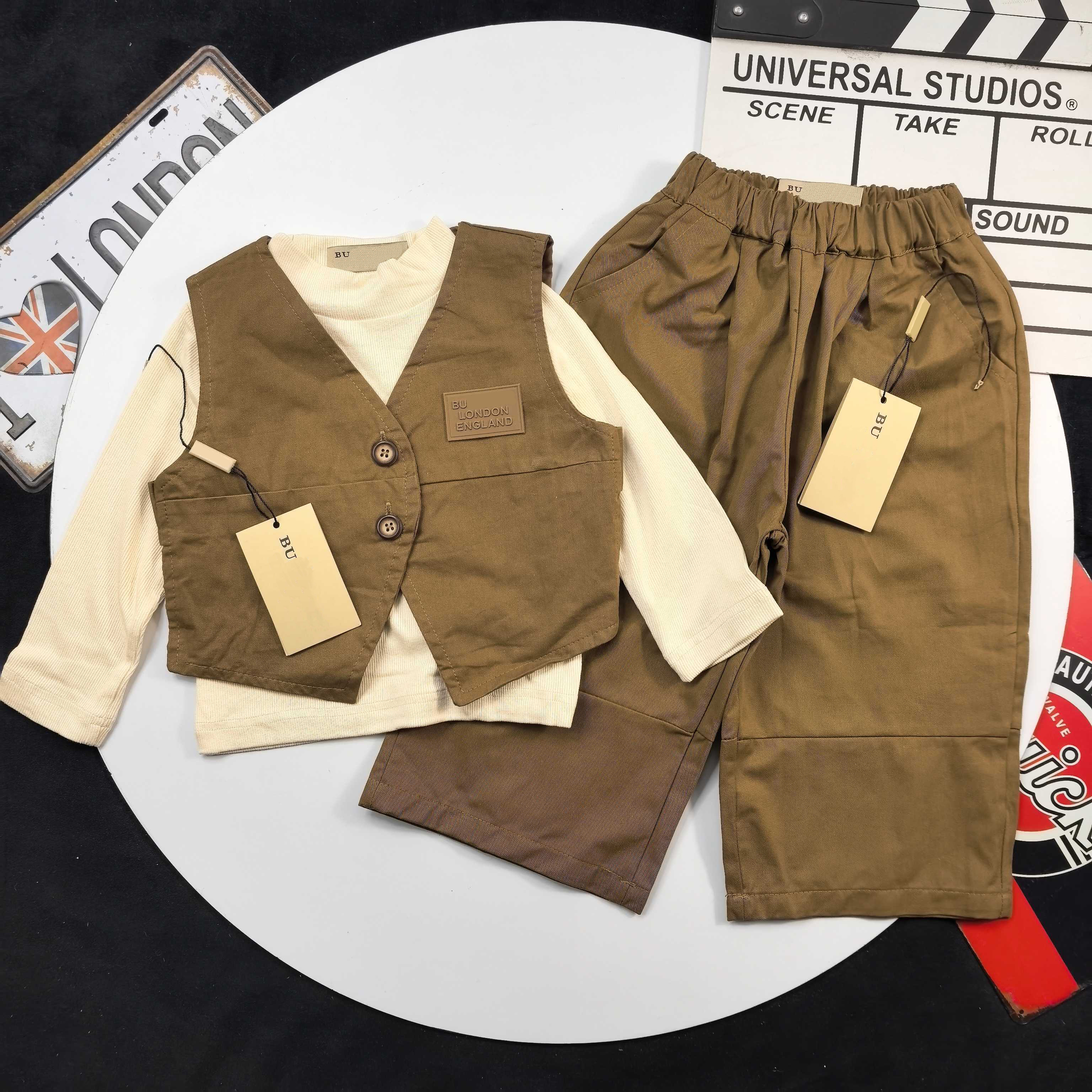 Kids 3Pcs Outfit Set Vest + Long Sleeve T shirt + Wide Leg Pants Boys Casual Brown Toddler Clothing Set Children Spring Autumn Suit Size 80-160CM