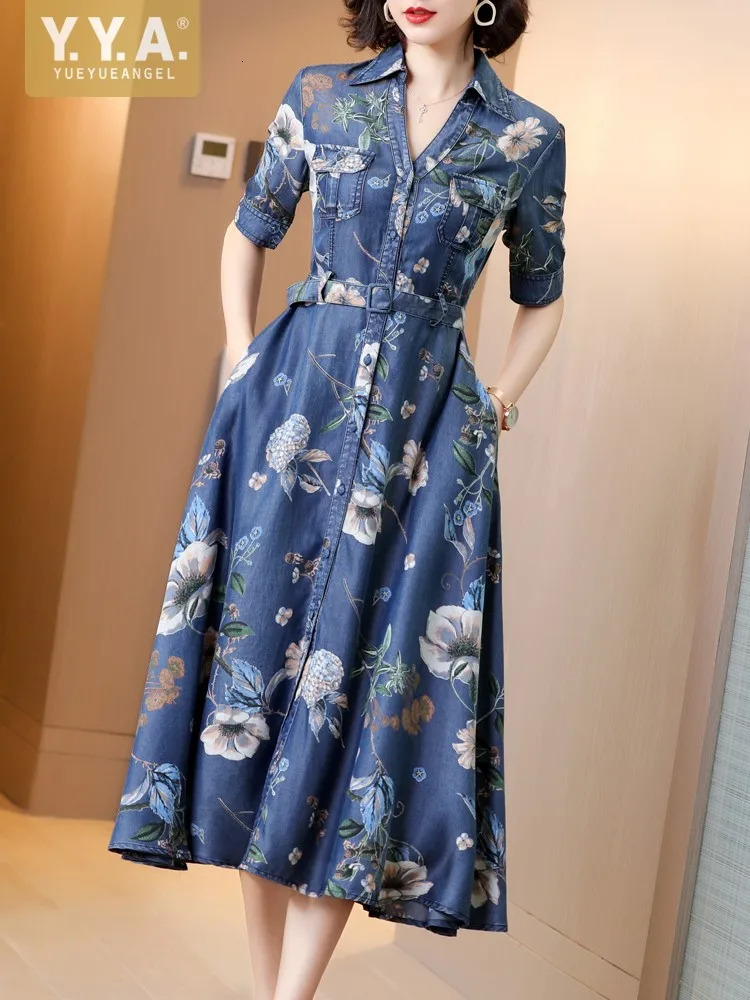 Denim Dres Elegant Printing High Waist ALine Summer Office Lady Long Shirt Single Breasted Floral 261015