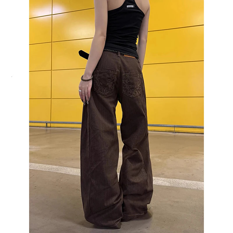 Women's Brown Y2k Wash Embroidery Jeans Harajuku Vintage Baggy Denim Trousers Aesthetic 2000s Style Oversize Jeans Pants Autumn 261016
