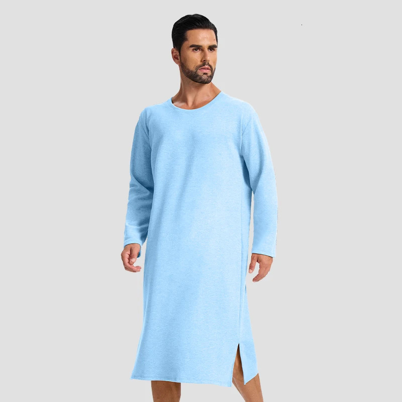 Mens autumn and winter longsleeved onepiece nightgown kneelength bathrobe long home wear wool silk pajamas 261017