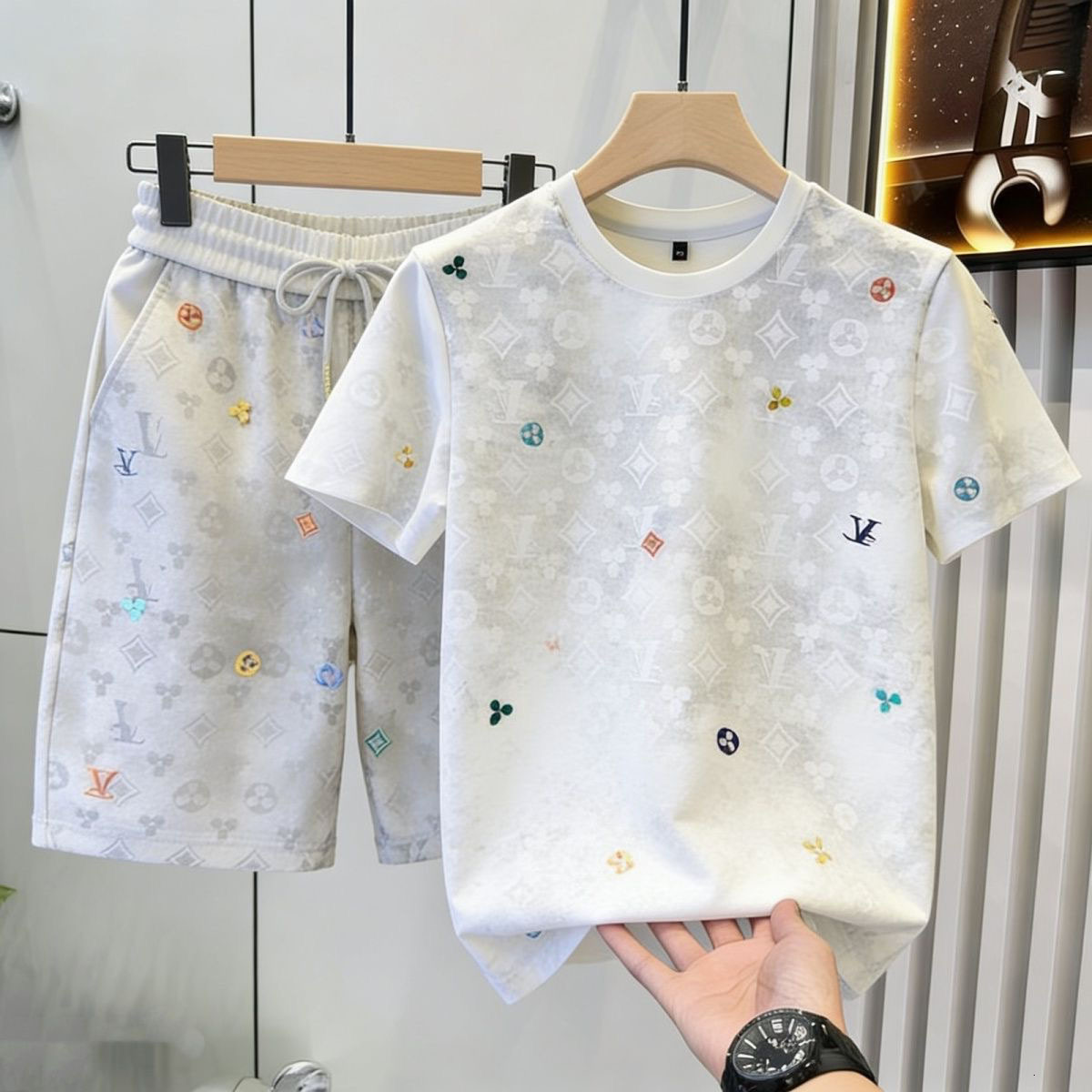 Men Tracksuit European Luxury swear set Summer Casual Sportswear Set For Trendy Brand Tie Dye High End Embroidery Shorts And T Shirt Couple's S