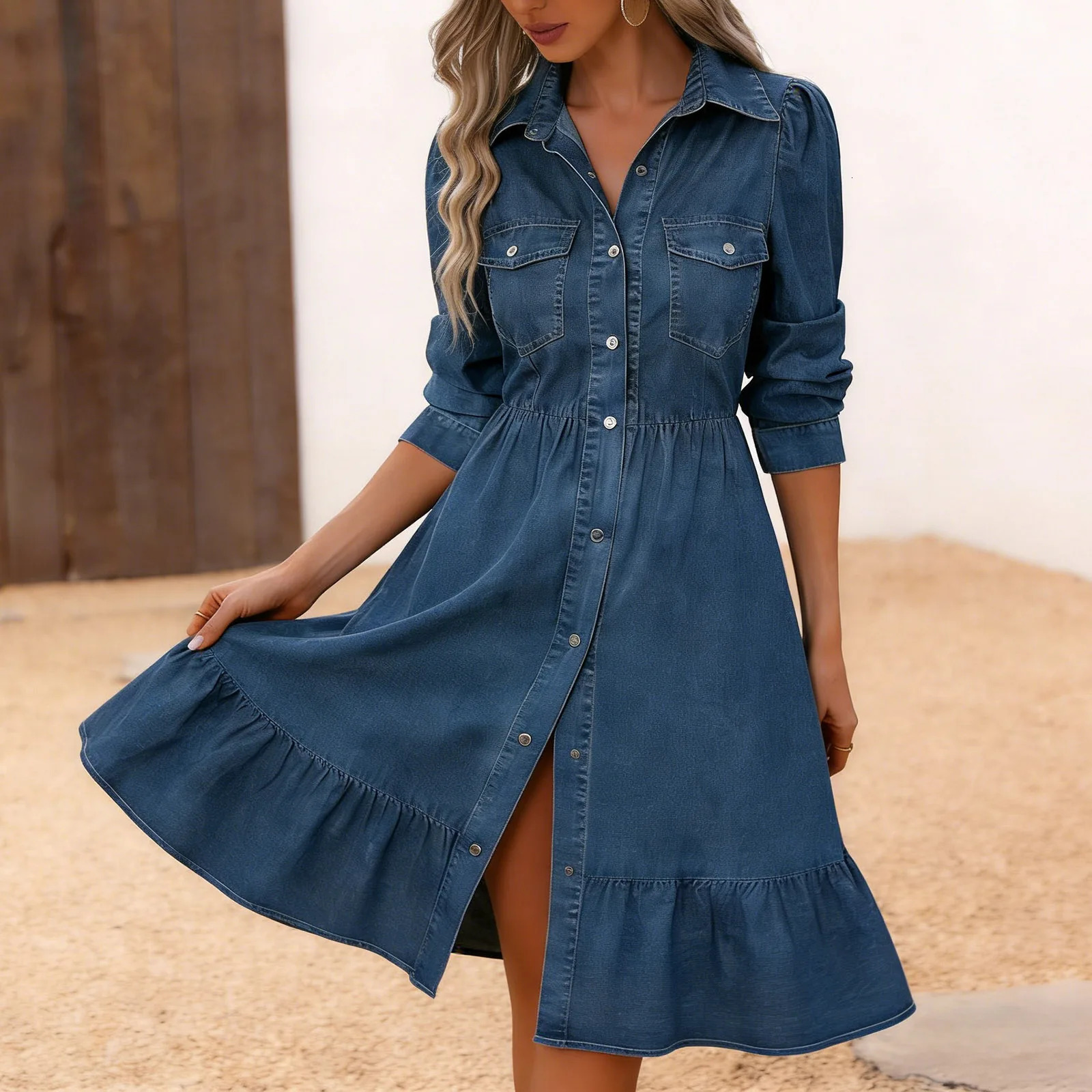 Women Flowy Denim Dress Vacation Lapel Long Puff Sleeve Button Down Sundress A Line Swing Ruffles Jean Dresses Robe Femme 261015