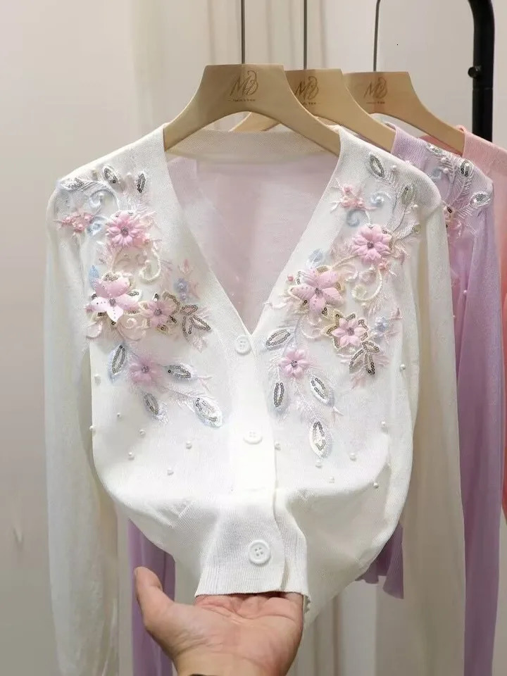 Women Sweater Spring Autumn Cardigans V-neck Beading 3d Flower Embroidery Lady Knitwear Tops Korean Fashion Cardigan 261015