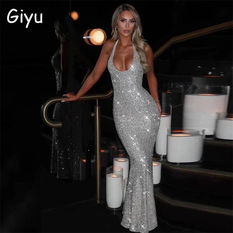 Giyu Sexy Glitter Sparkle Sequined Club Evening Party Dresses Women Summer Autumn Halter Backless Bodycon Maxi Long Dress 261016