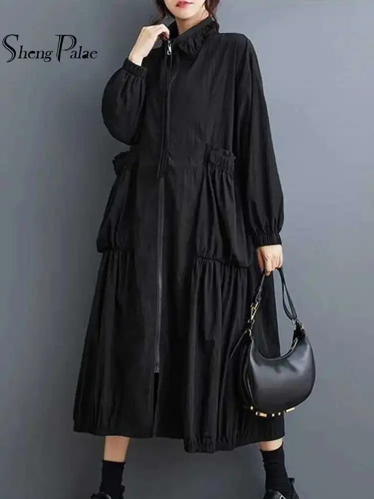SHENGPALAE 2026 Autumn Items Large Size Mid Long Styles Zippers Trench Women Solid Color Loose Office Lady Clothing 5ZD1116 261013