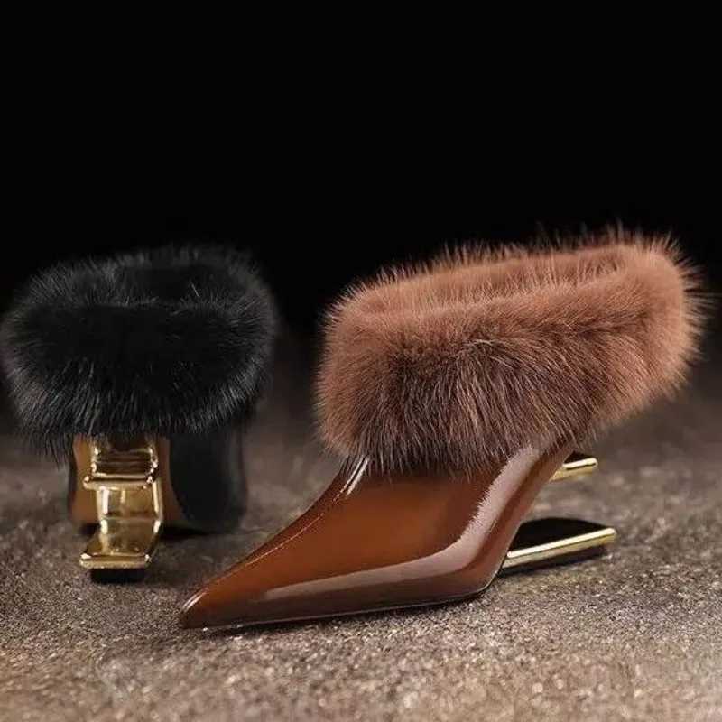2026 Autumn Winter Luxury Women Furry Fur Mule Slippers Patent Leather Pointed Toe Heel Elegant Warm Slides Women's Slippers Q261015