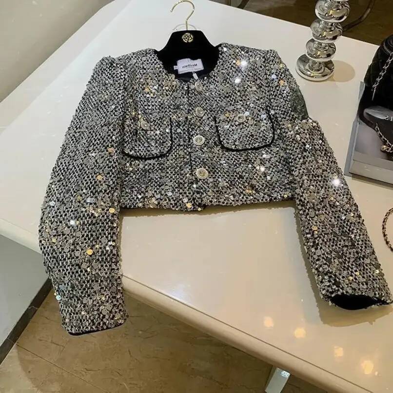 Women Short Jacket Elegant Heavy Sequins Starlight Silver Jackets Spring Long Sleeve Coat Women Grunge Oneck Single Breasted Tops Mujer casual Ladie