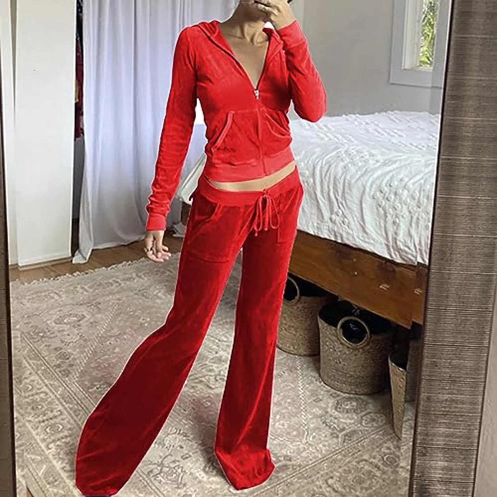 Pantsuit Women Tracksuit Set Two Pieces Slim Fit Velour Velvet Outfit Casual Zip Up Hoodie Jacket Vertical Sweatpants 261016