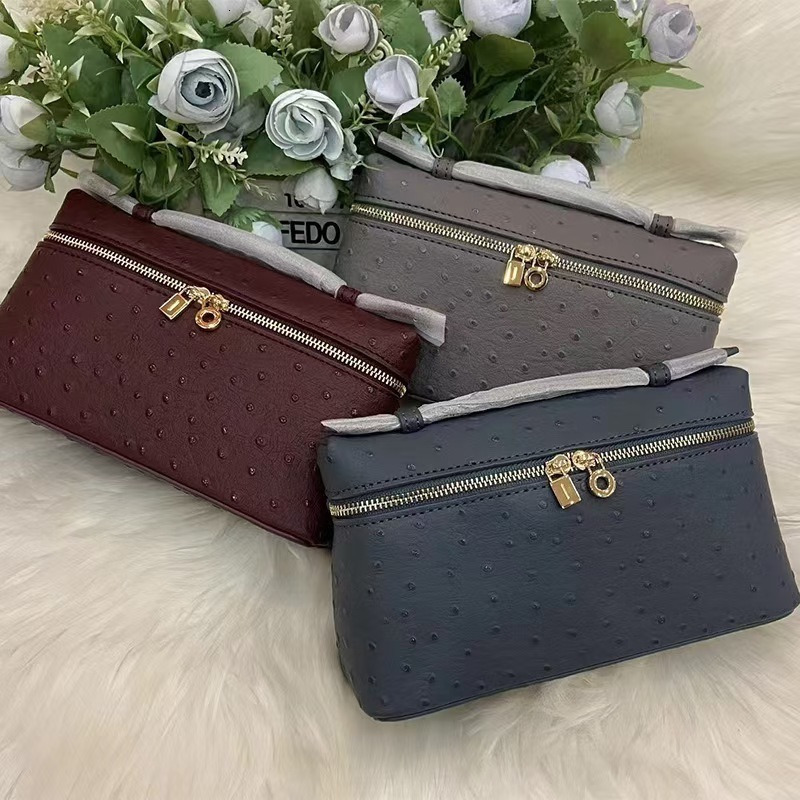 New Designer Lunch Box Bag Pouch Tote Bag Top Bag Womens Shoulder Bag Extra Pocket Leather Double Zipper Oblique Makeup Ostrich Print Makeup bag Squ