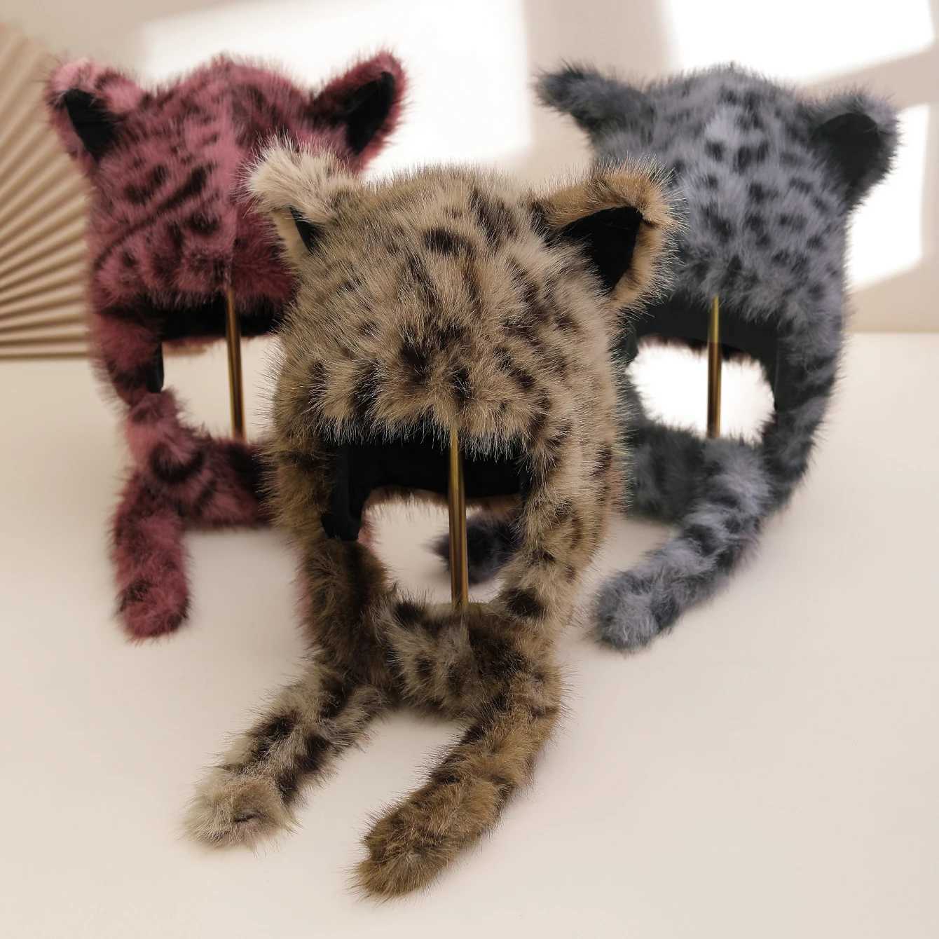 Trapper Hats New autumn and winter plush cute leopard print long ear warm ear-protecting hat long braided outdoor Lei Feng hatT261017