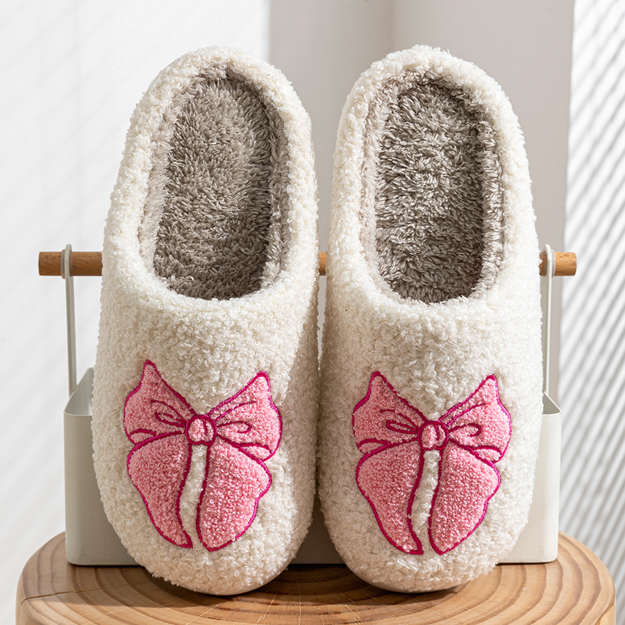 Fashion Cute Pretty Bow Women Slippers Indoor Winter Soft Sole Exquisite Warm Graceful Causal Dormitory Comfy Flat Cotton Shoes ddmykukumalu