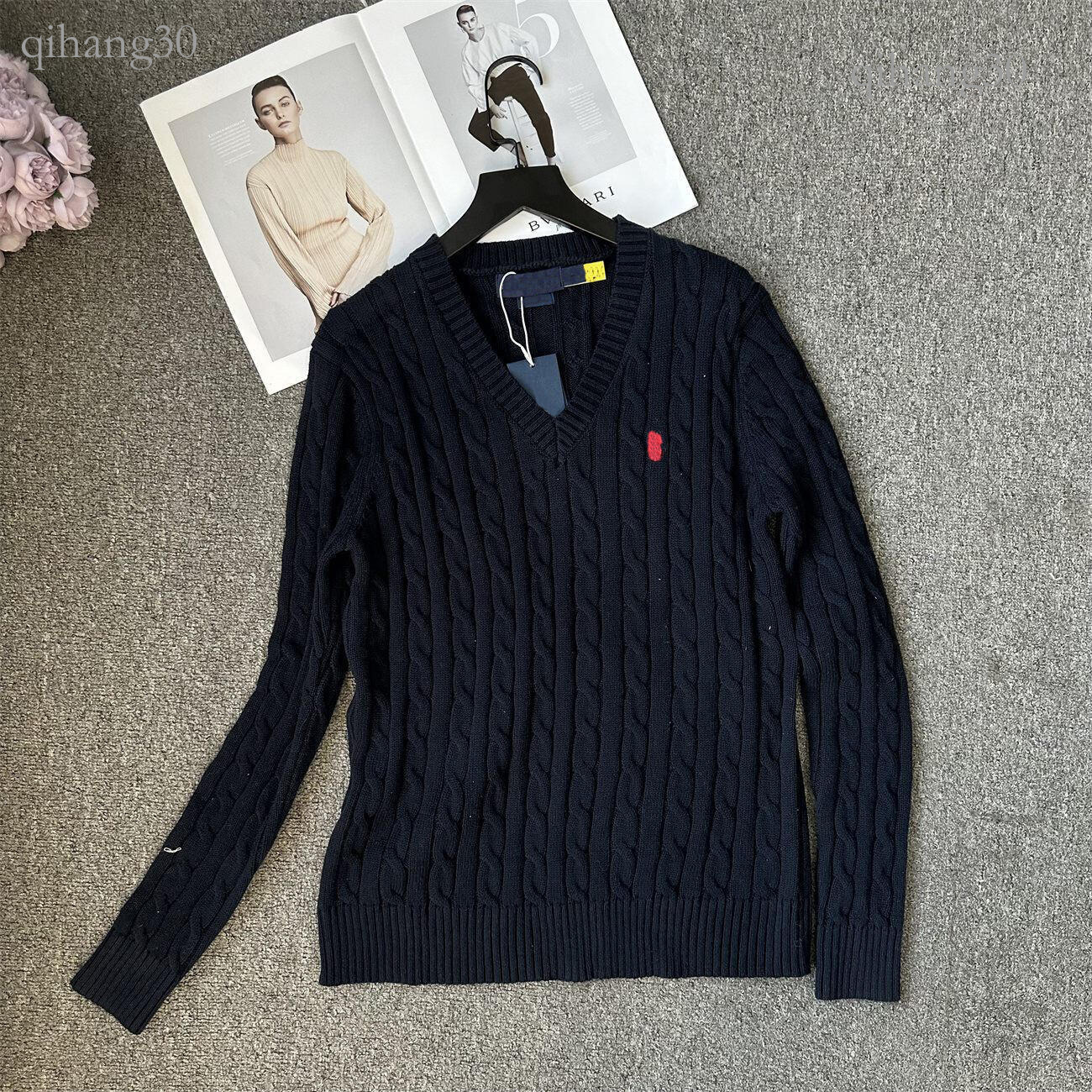 Ralfs Laure Women Designer Pony Embroidery Sweater Luxury Clothes Women V Neck Long Sleeve Solid Color Wool American Style Knitted Polo Sweater Pull
