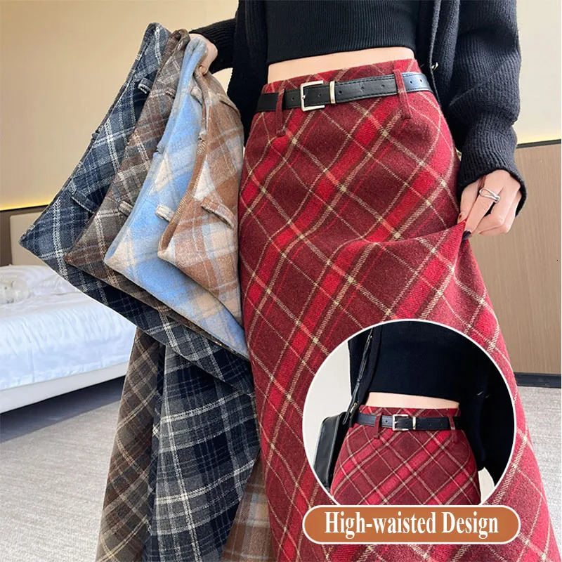 Plaid Woolen Skirts Women Fashion 2026 Autumn Winter High Waisted Straight Midi Woman Preppy Style Retro Long Skirt 261017