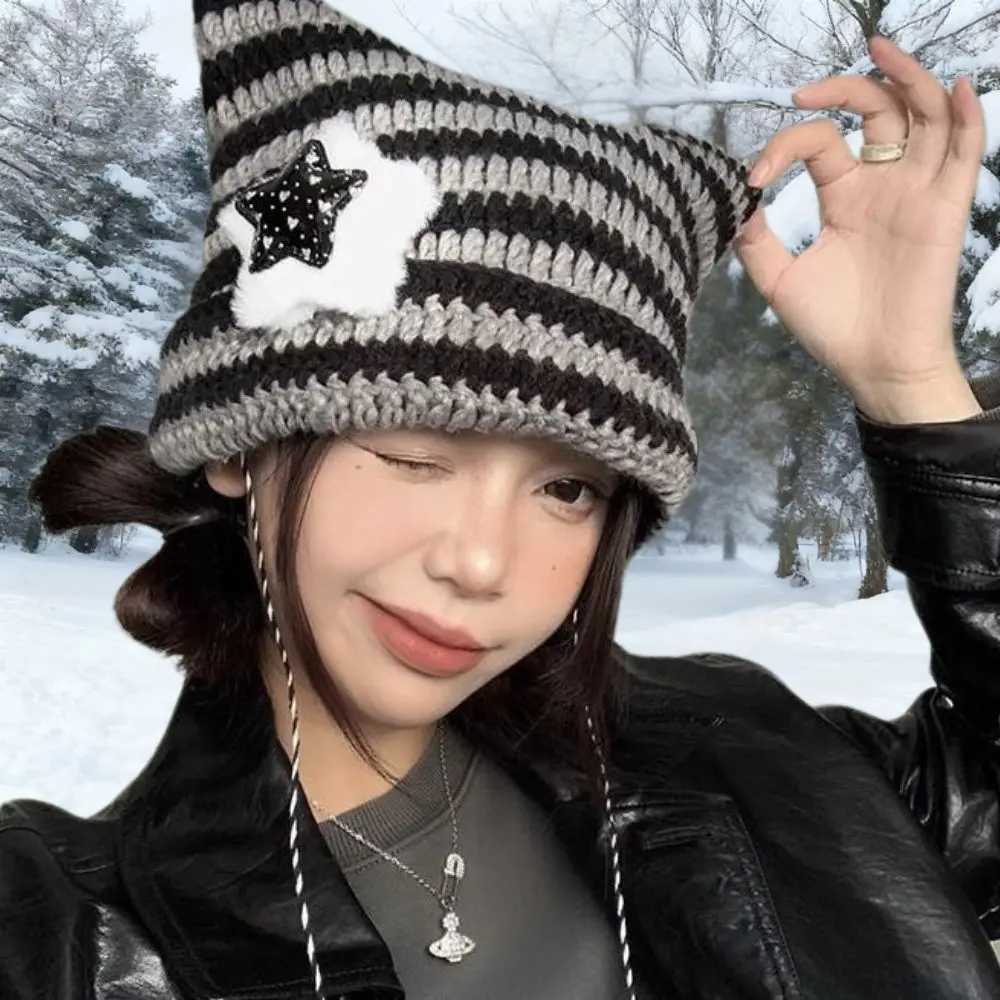 Beanie/Skull Caps Y2K Beanie Hat Streetwear Harajuku Little Devil Striped Knitted Hat Women Christmas Gift Hip-hop Cap Cute Cat Ears Pullover HatsT2