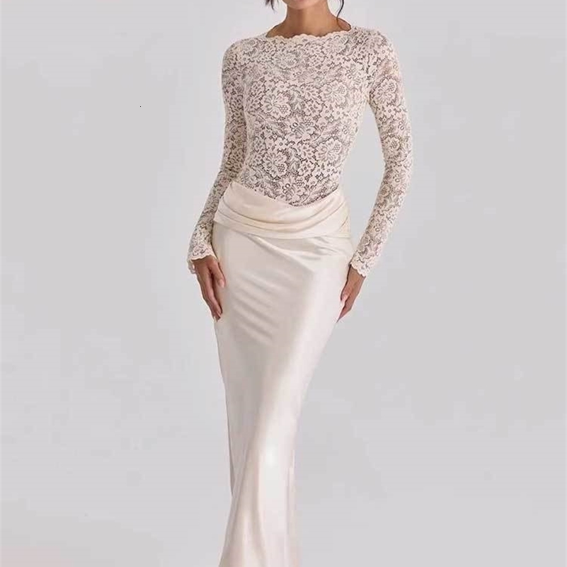 GACVGA Off Shoulder Lace Satin Maxi Dress Women Elegant Full Sleeve Ruched Bodycon Formal Evening Club Party Long Dress 261016