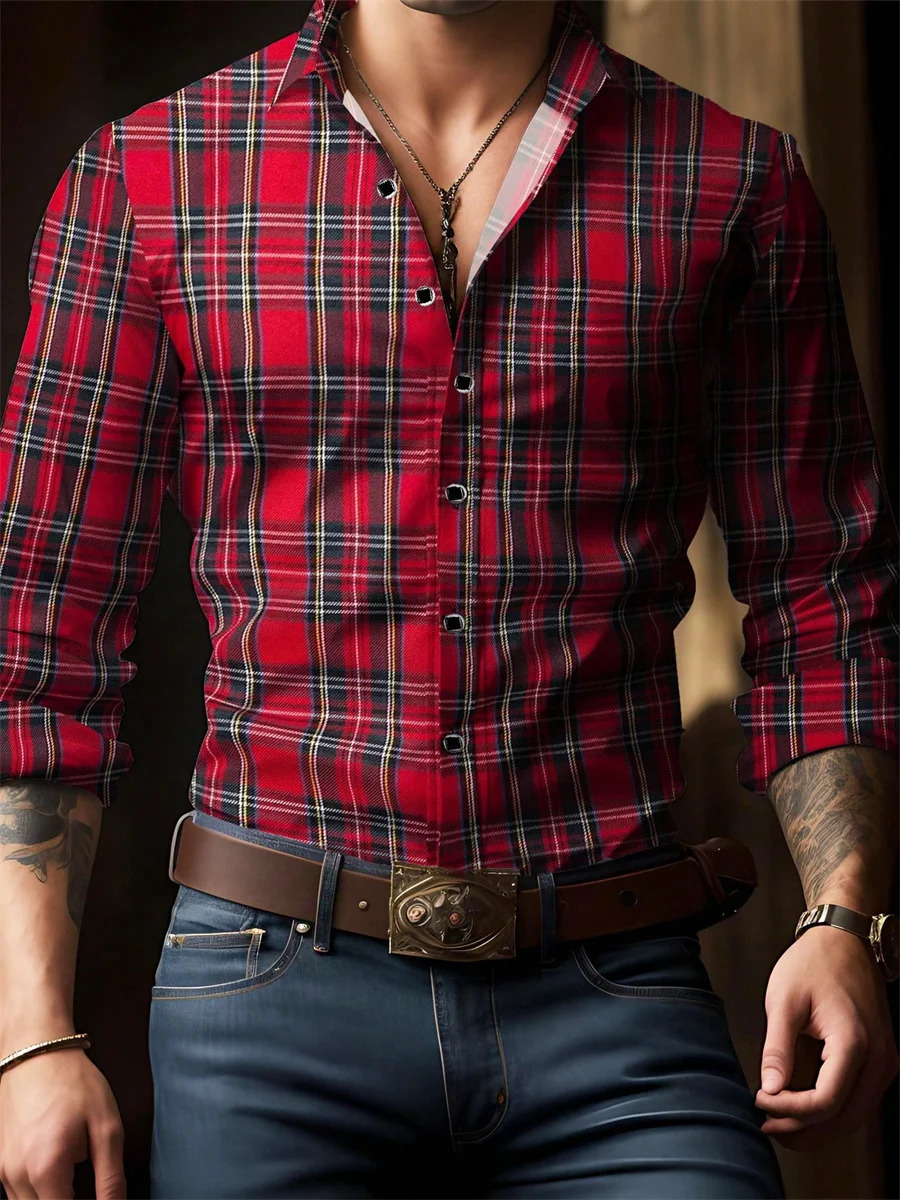 Men's Retro Red Plaid Long-Sleeved Shirt Casual Lapel Versatile and Trendy for Everyday Wear and Commuting Sizes S-6XL. 261015