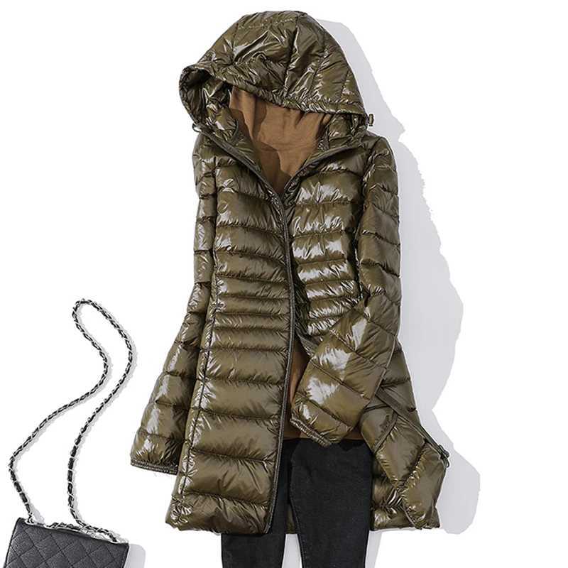 Women's Down Parkas Ultra Light Fall Winter Woman White Duck Down Hooded Long Jacket Female Overcoat Slim Solid Jackets Coat Portable ParkasT26