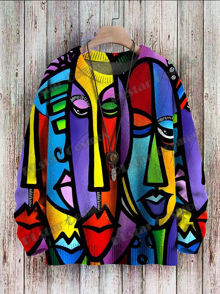 Abstract Art Girl Multicolor Pattern 3D Printed Men's Crewneck Knitted Pullover Winter Unisex Casual Knit Pullover Sweater ZZM47 261015