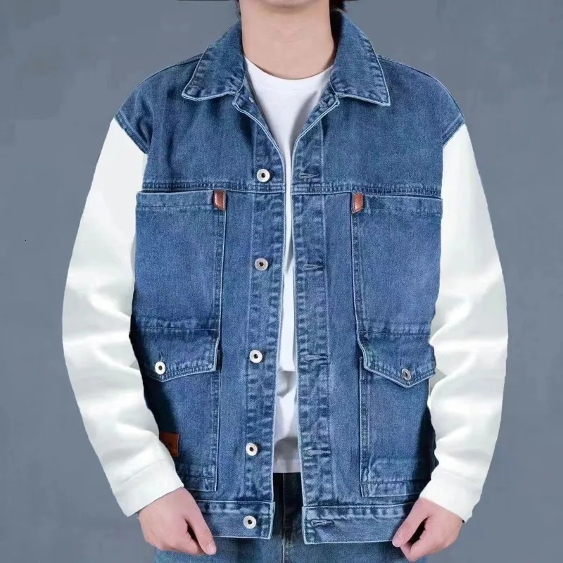 Trendy Summer Retro Denim Vest for Men Sleeveless Cargo Jacket Multi Pocket Workwear Jacket 261015